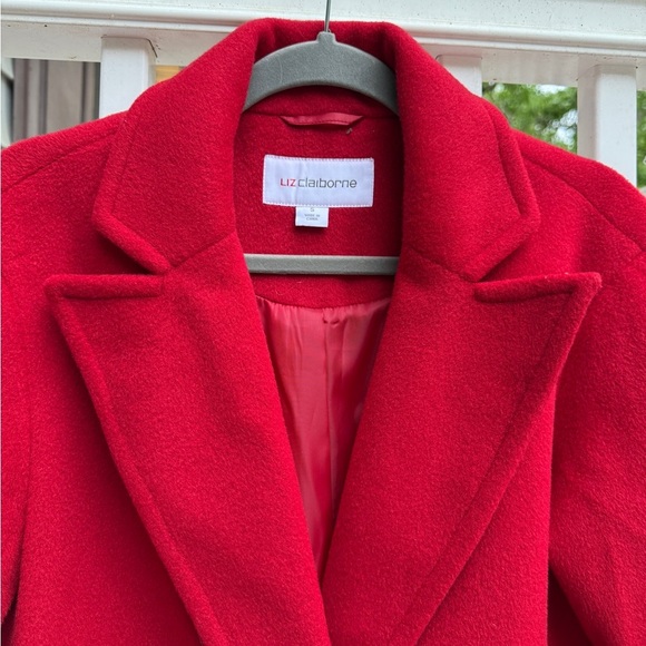 Liz Claiborne Red Trench Pea Coat Jacket Size Small Notch Collar Longline - Picture 3 of 6